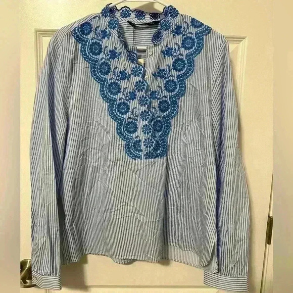 Zara Blue White Striped Embroidered Shirt Hidden Buttons Size  Large Oversized - Picture 1 of 8